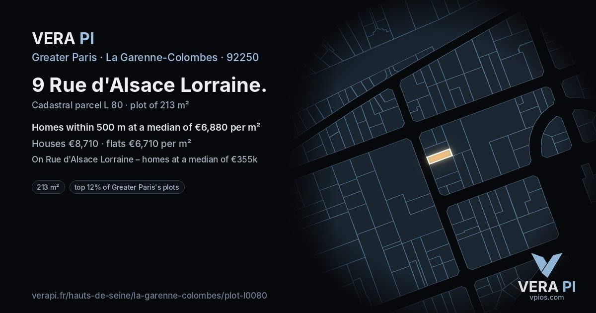 9 Rue d'Alsace Lorraine, La Garenne-Colombes at night – the plot lit, the parcels around coloured by the prices near them