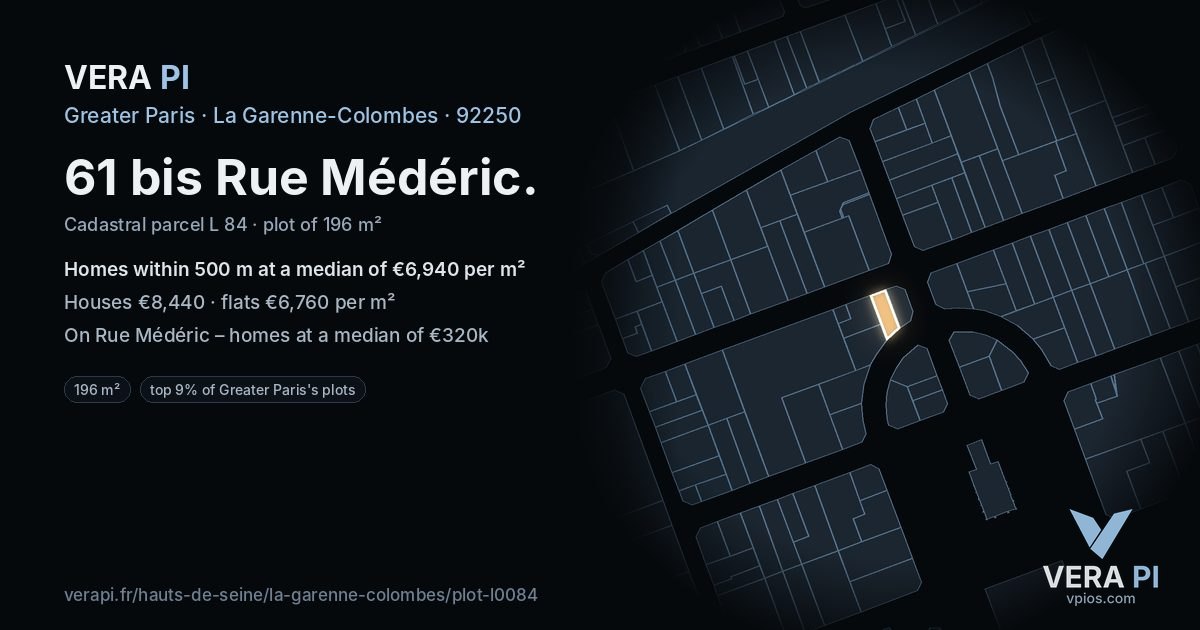 61 bis Rue Médéric, La Garenne-Colombes at night – the plot lit, the parcels around coloured by the prices near them