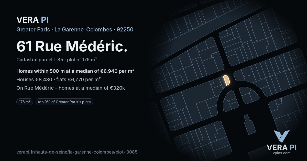 61 Rue Médéric, La Garenne-Colombes at night – the plot lit, the parcels around coloured by the prices near them