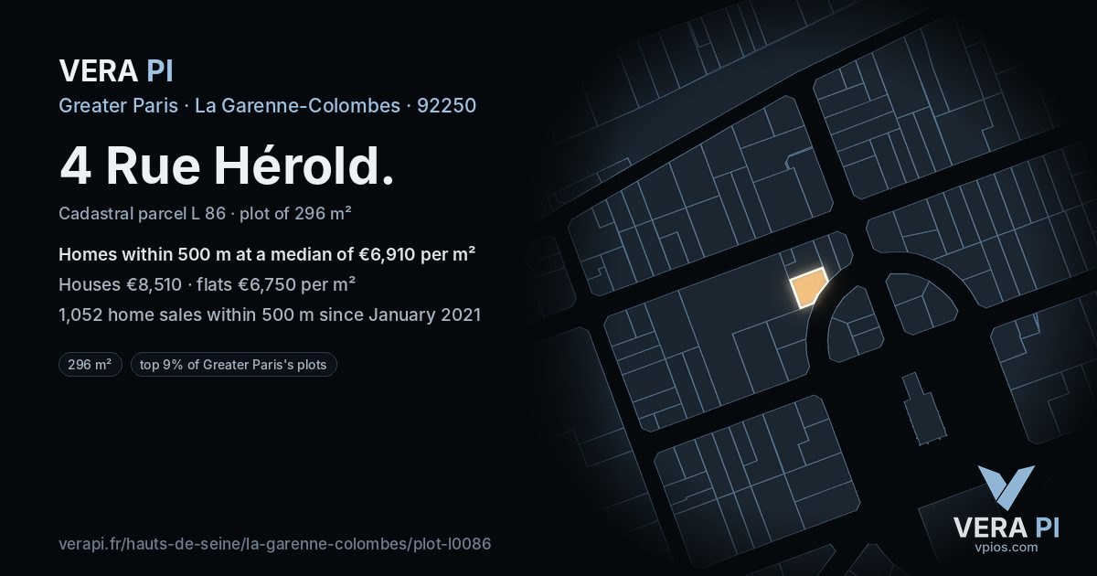 4 Rue Hérold, La Garenne-Colombes at night – the plot lit, the parcels around coloured by the prices near them