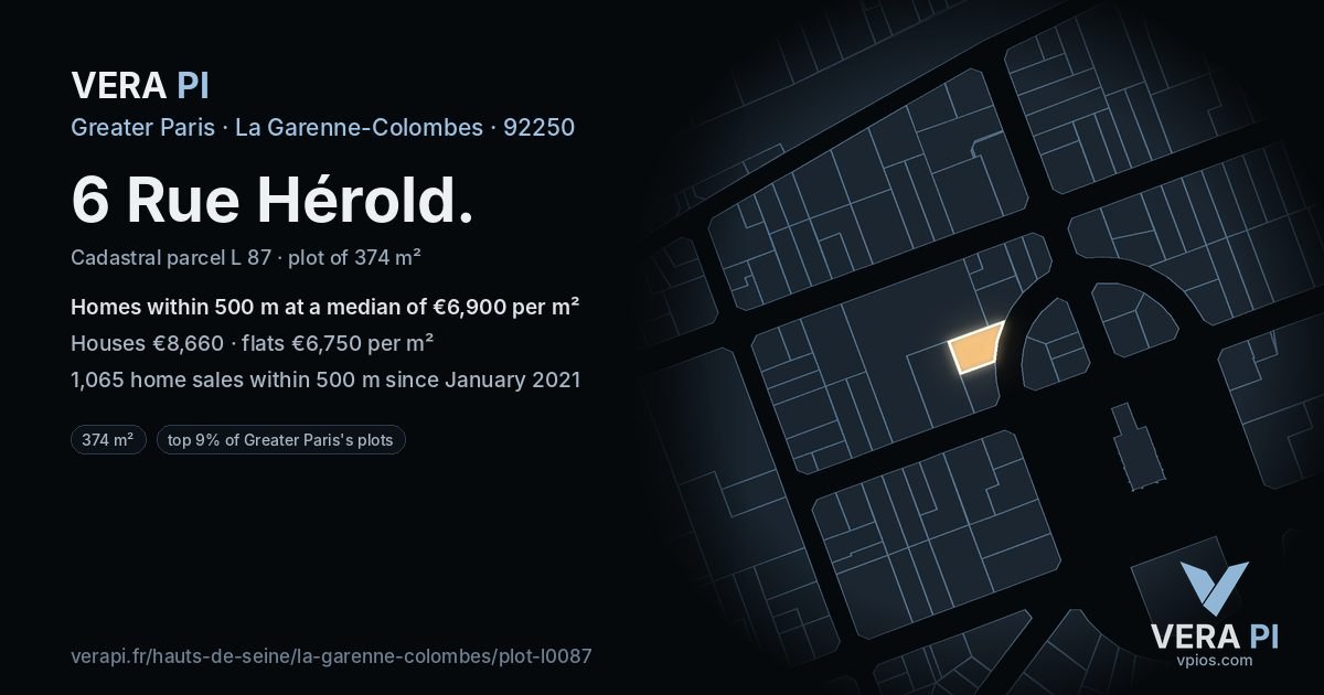 6 Rue Hérold, La Garenne-Colombes at night – the plot lit, the parcels around coloured by the prices near them