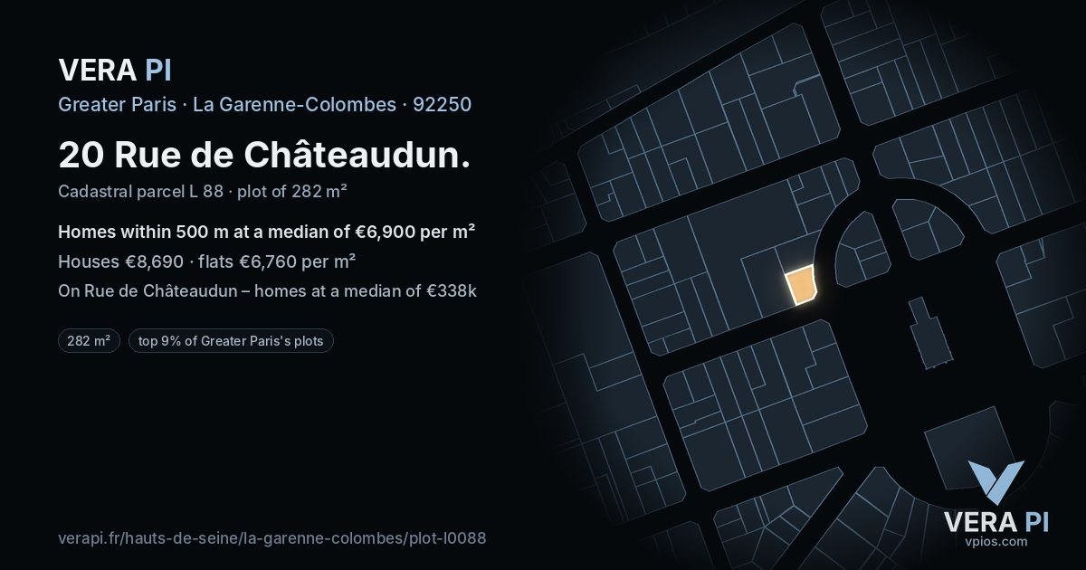 20 Rue de Châteaudun, La Garenne-Colombes at night – the plot lit, the parcels around coloured by the prices near them
