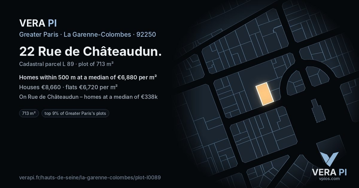 22 Rue de Châteaudun, La Garenne-Colombes at night – the plot lit, the parcels around coloured by the prices near them