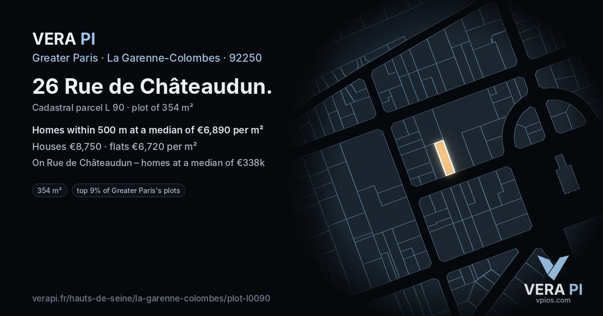 26 Rue de Châteaudun, La Garenne-Colombes at night – the plot lit, the parcels around coloured by the prices near them
