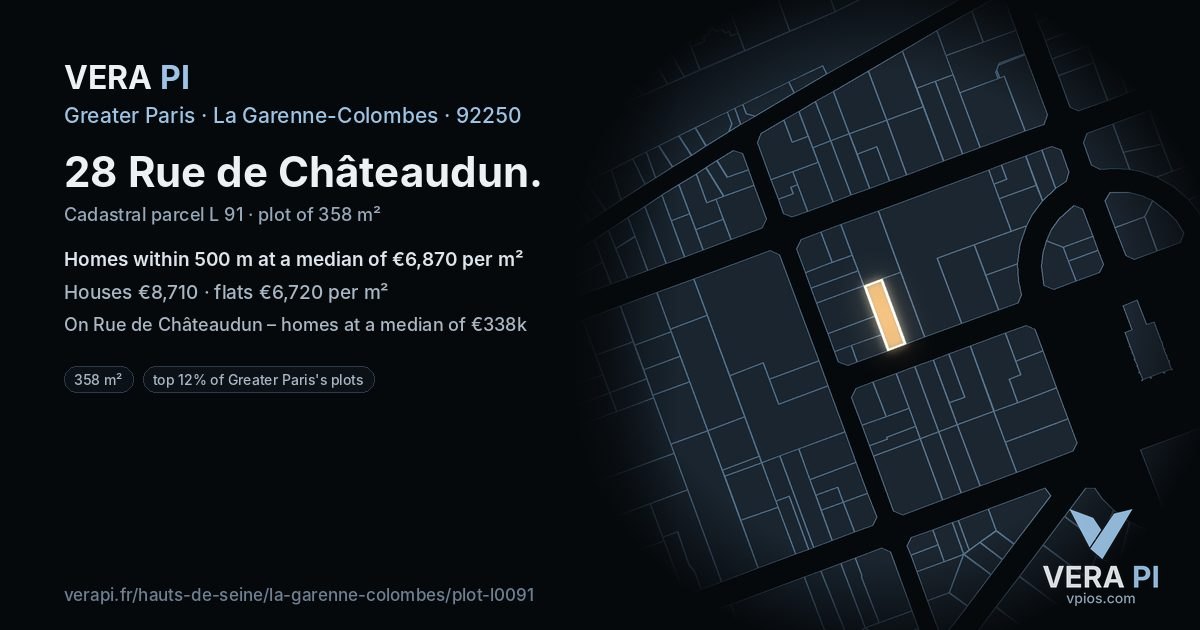 28 Rue de Châteaudun, La Garenne-Colombes at night – the plot lit, the parcels around coloured by the prices near them