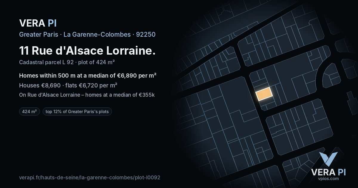 11 Rue d'Alsace Lorraine, La Garenne-Colombes at night – the plot lit, the parcels around coloured by the prices near them