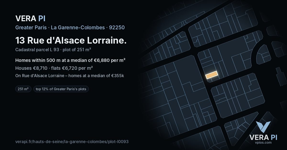 13 Rue d'Alsace Lorraine, La Garenne-Colombes at night – the plot lit, the parcels around coloured by the prices near them