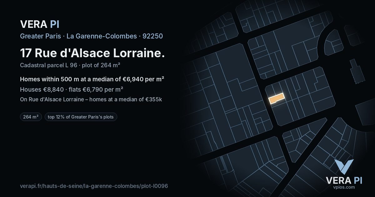 17 Rue d'Alsace Lorraine, La Garenne-Colombes at night – the plot lit, the parcels around coloured by the prices near them