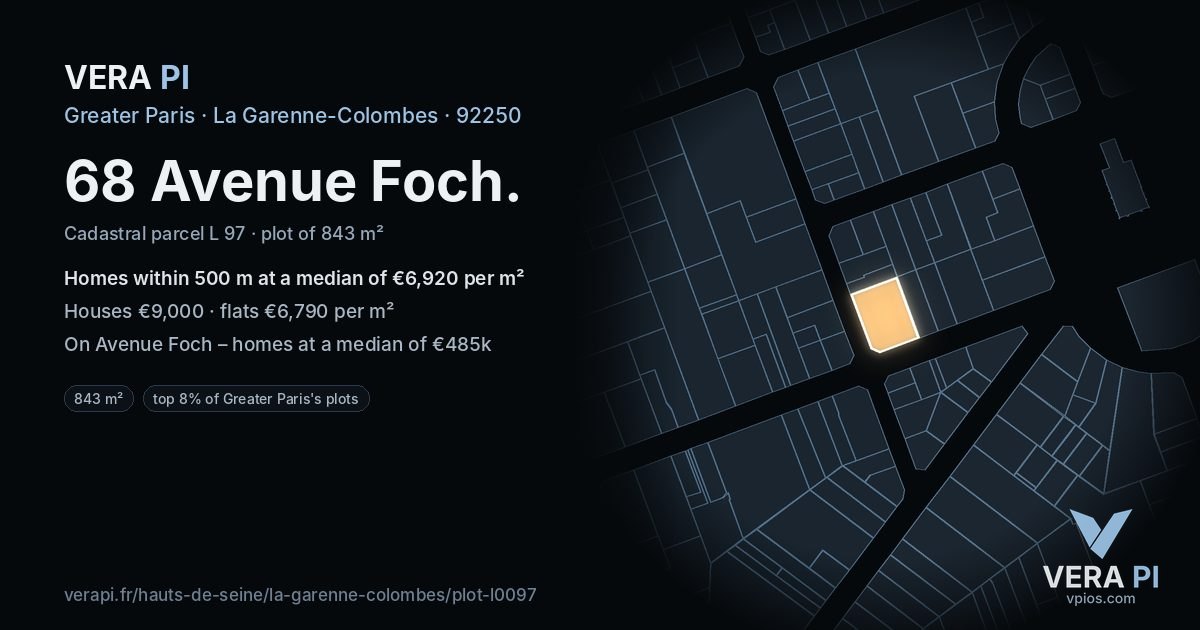 68 Avenue Foch, La Garenne-Colombes at night – the plot lit, the parcels around coloured by the prices near them