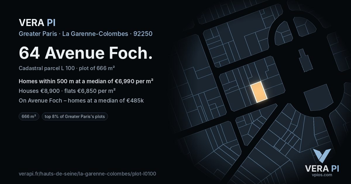 64 Avenue Foch, La Garenne-Colombes at night – the plot lit, the parcels around coloured by the prices near them
