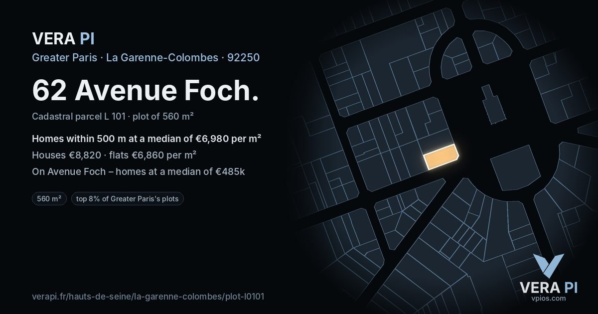 62 Avenue Foch, La Garenne-Colombes at night – the plot lit, the parcels around coloured by the prices near them