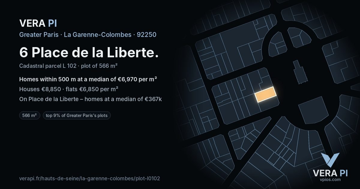 6 Place de la Liberte, La Garenne-Colombes at night – the plot lit, the parcels around coloured by the prices near them