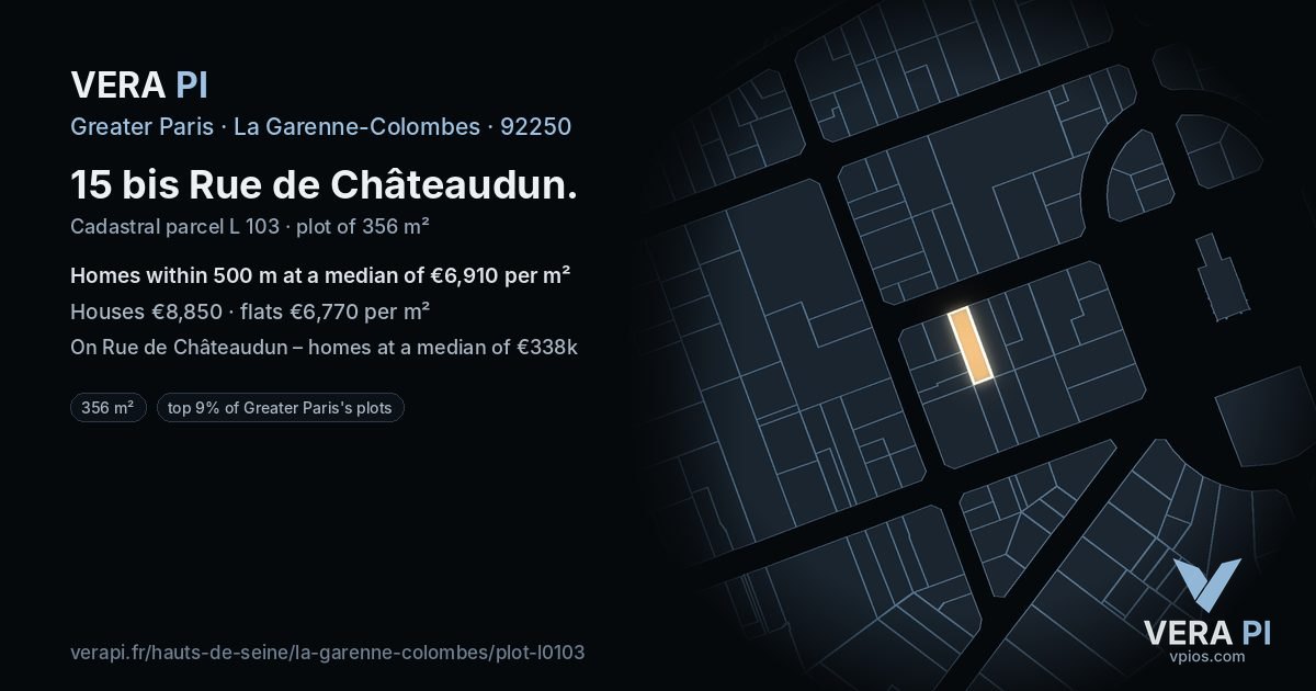 15 bis Rue de Châteaudun, La Garenne-Colombes at night – the plot lit, the parcels around coloured by the prices near them
