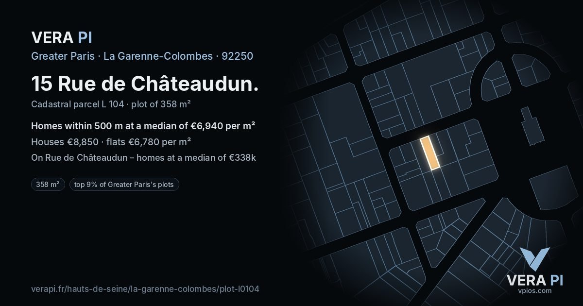 15 Rue de Châteaudun, La Garenne-Colombes at night – the plot lit, the parcels around coloured by the prices near them