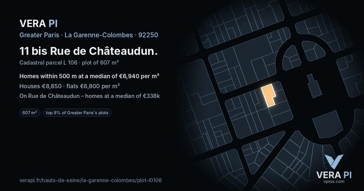 11 bis Rue de Châteaudun, La Garenne-Colombes at night – the plot lit, the parcels around coloured by the prices near them