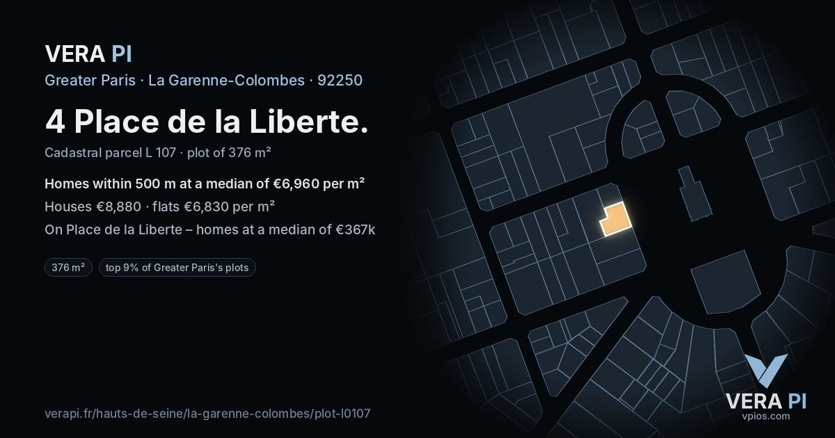 4 Place de la Liberte, La Garenne-Colombes at night – the plot lit, the parcels around coloured by the prices near them