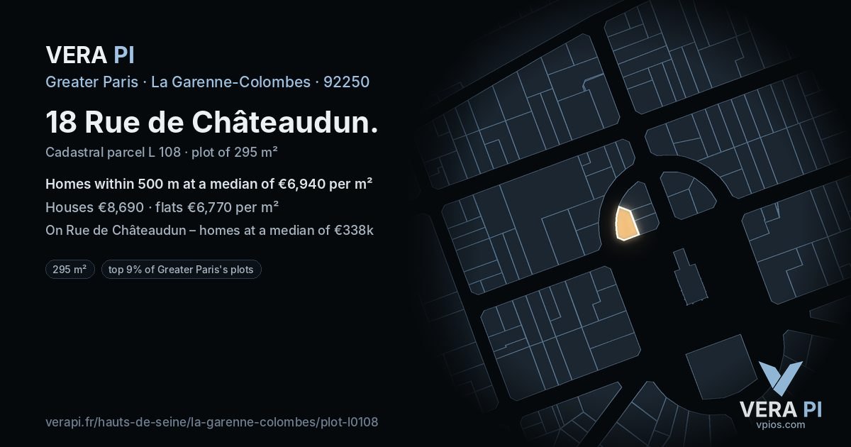 18 Rue de Châteaudun, La Garenne-Colombes at night – the plot lit, the parcels around coloured by the prices near them