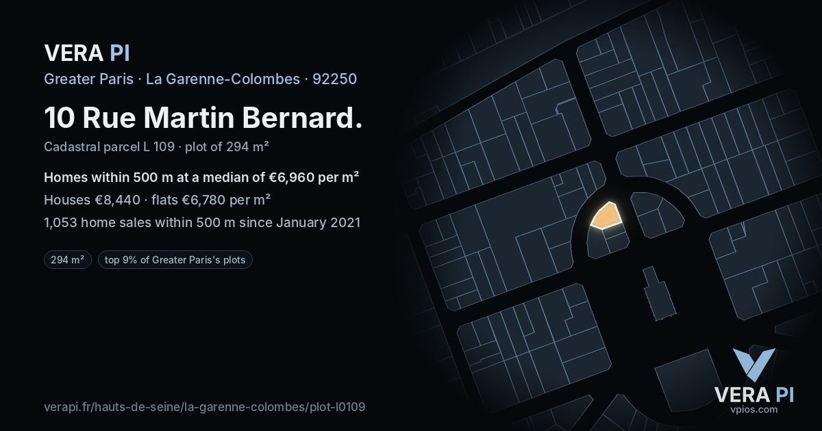 10 Rue Martin Bernard, La Garenne-Colombes at night – the plot lit, the parcels around coloured by the prices near them