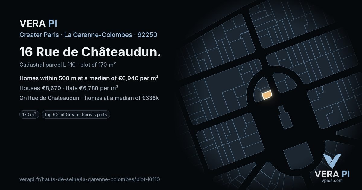16 Rue de Châteaudun, La Garenne-Colombes at night – the plot lit, the parcels around coloured by the prices near them
