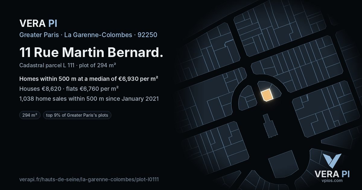11 Rue Martin Bernard, La Garenne-Colombes at night – the plot lit, the parcels around coloured by the prices near them