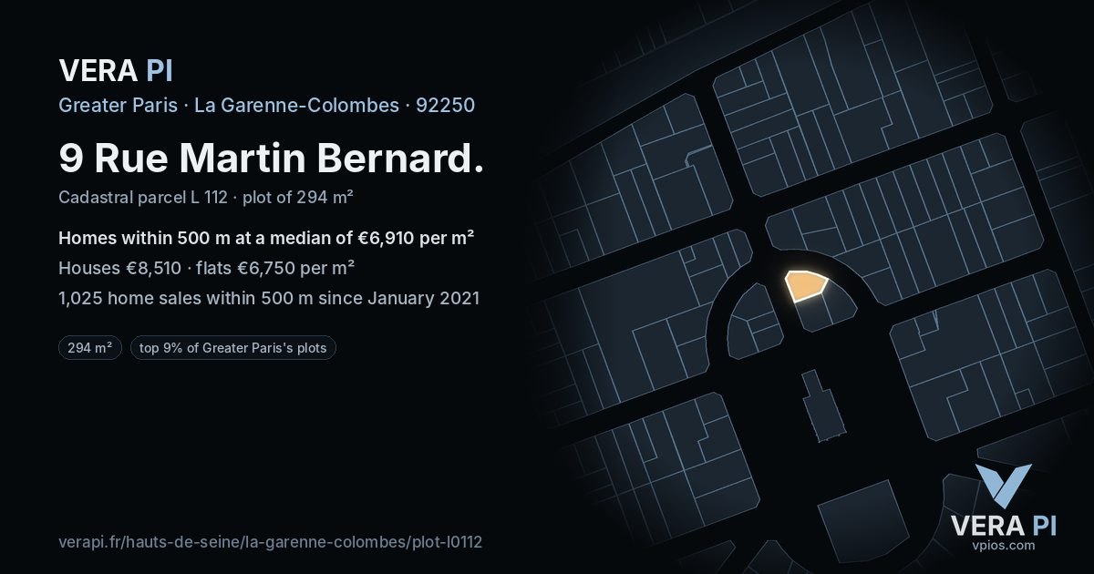 9 Rue Martin Bernard, La Garenne-Colombes at night – the plot lit, the parcels around coloured by the prices near them
