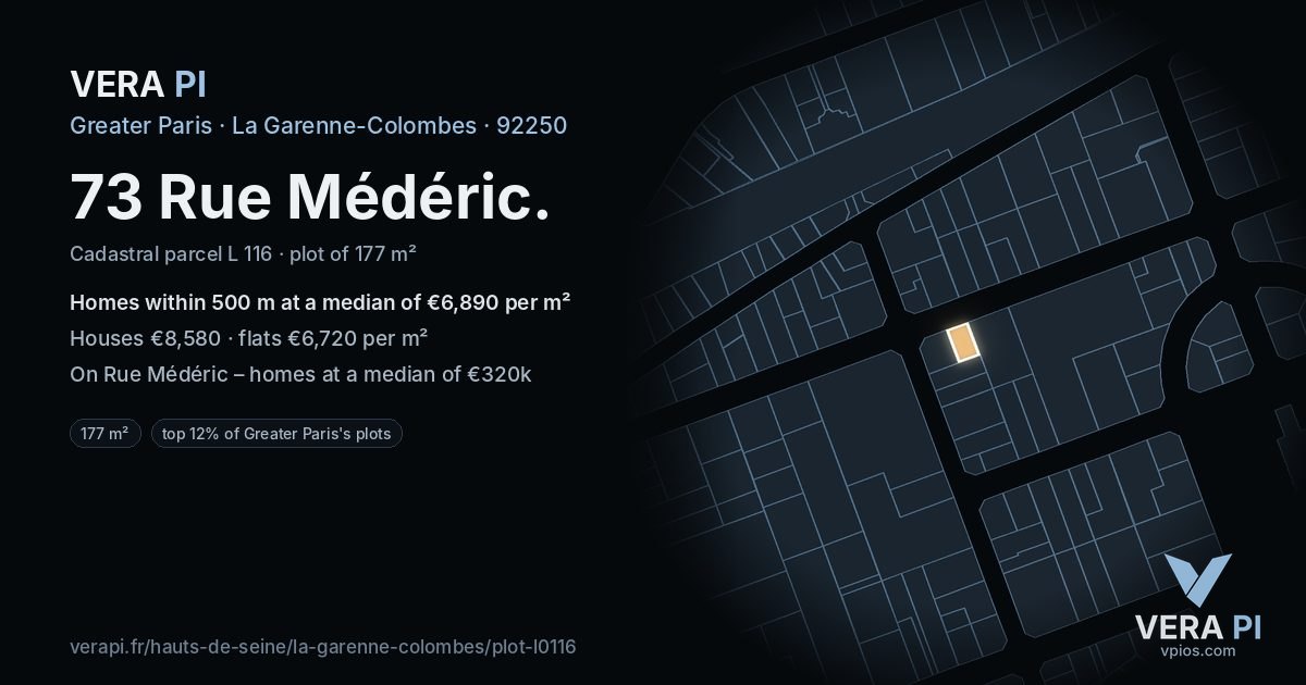 73 Rue Médéric, La Garenne-Colombes at night – the plot lit, the parcels around coloured by the prices near them