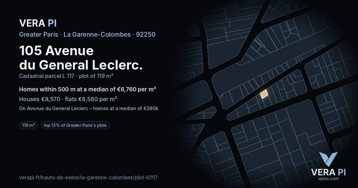 105 Avenue du General Leclerc, La Garenne-Colombes at night – the plot lit, the parcels around coloured by the prices near them