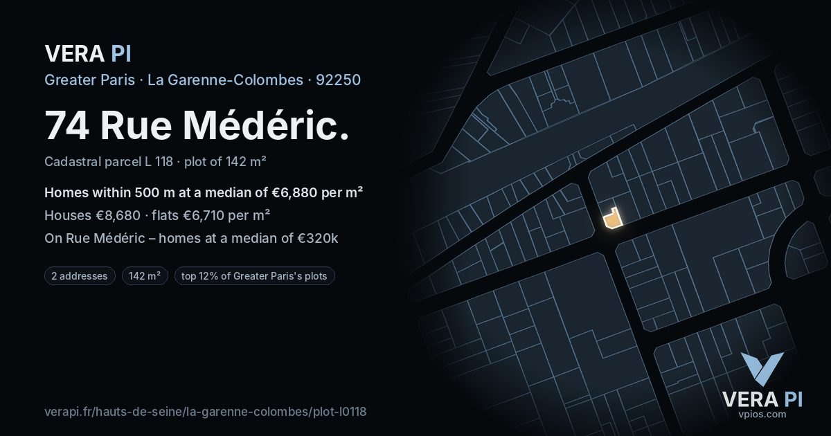 74 Rue Médéric, La Garenne-Colombes at night – the plot lit, the parcels around coloured by the prices near them