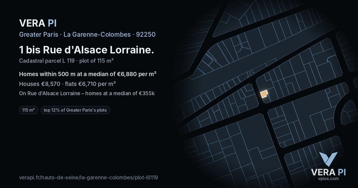 1 bis Rue d'Alsace Lorraine, La Garenne-Colombes at night – the plot lit, the parcels around coloured by the prices near them
