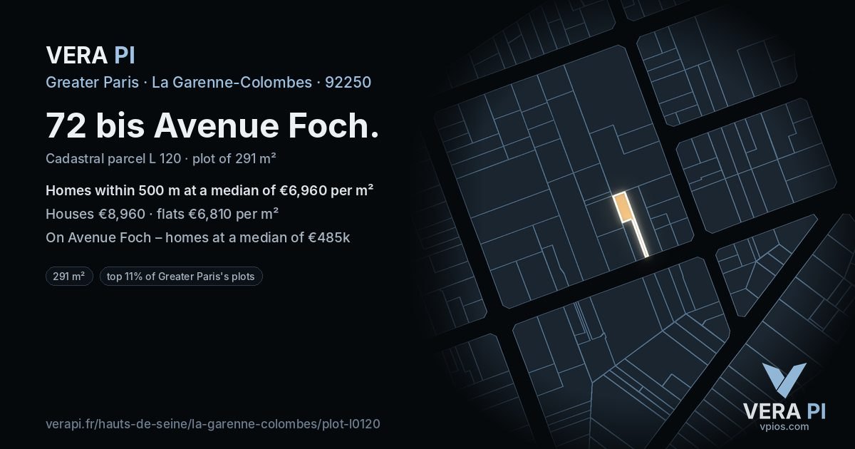 72 bis Avenue Foch, La Garenne-Colombes at night – the plot lit, the parcels around coloured by the prices near them