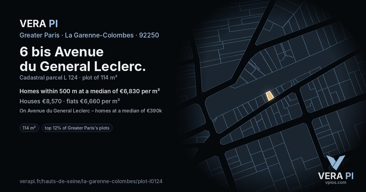 6 bis Avenue du General Leclerc, La Garenne-Colombes at night – the plot lit, the parcels around coloured by the prices near them