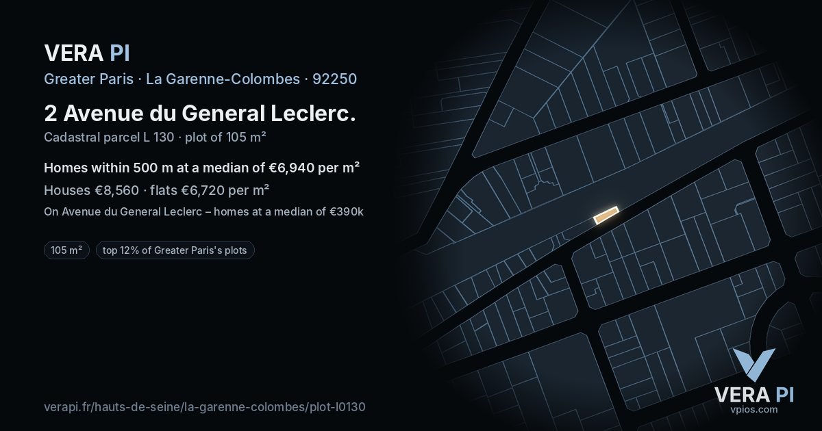 2 Avenue du General Leclerc, La Garenne-Colombes at night – the plot lit, the parcels around coloured by the prices near them