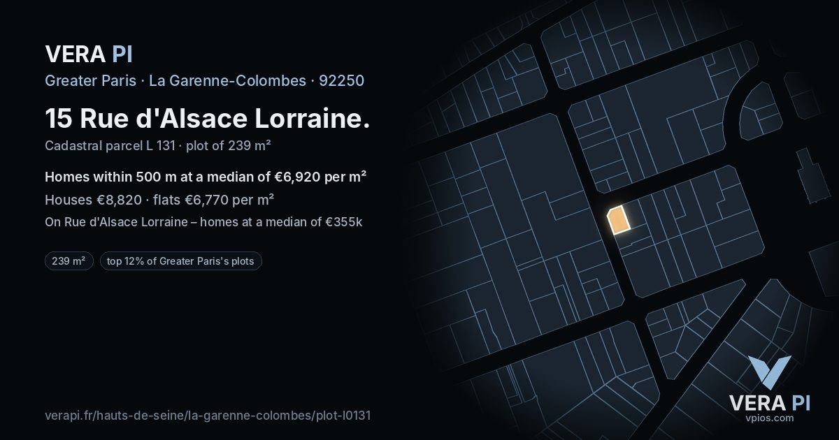 15 Rue d'Alsace Lorraine, La Garenne-Colombes at night – the plot lit, the parcels around coloured by the prices near them