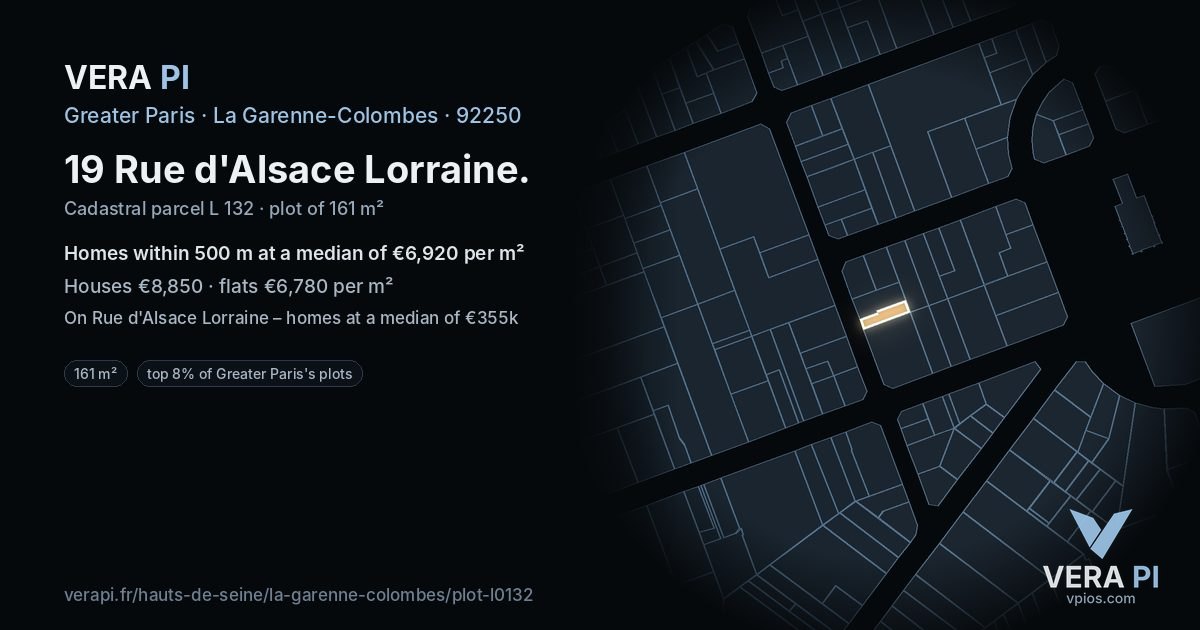 19 Rue d'Alsace Lorraine, La Garenne-Colombes at night – the plot lit, the parcels around coloured by the prices near them