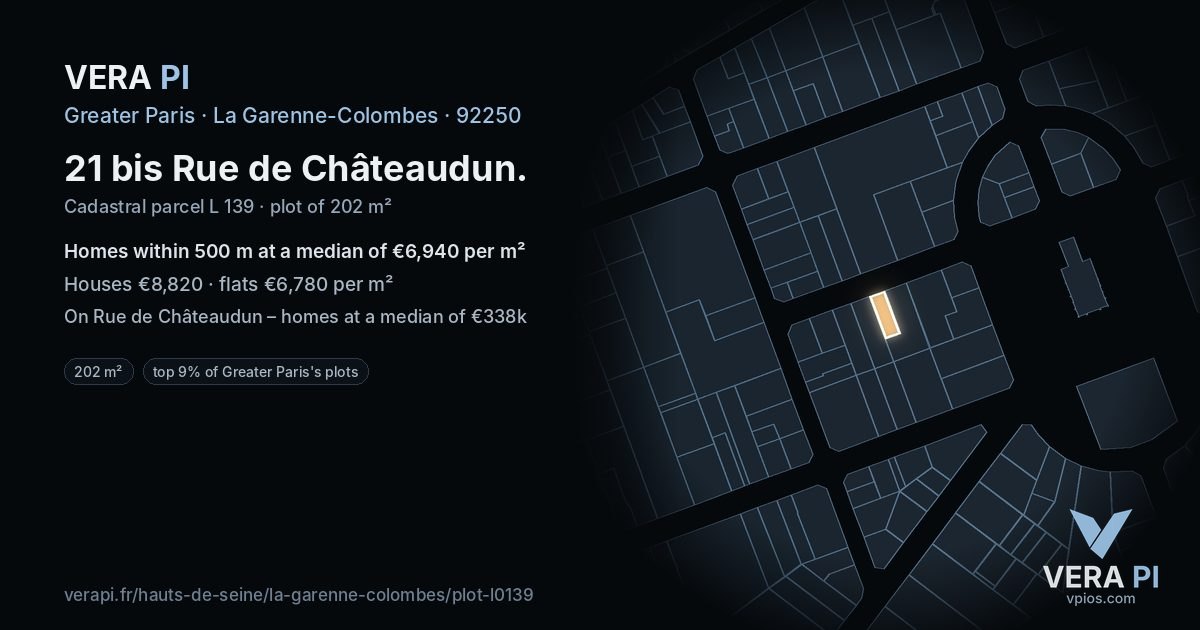 21 bis Rue de Châteaudun, La Garenne-Colombes at night – the plot lit, the parcels around coloured by the prices near them