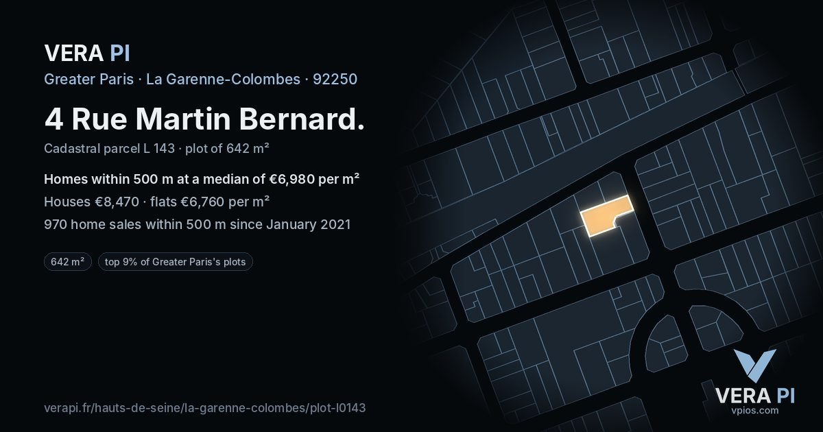 4 Rue Martin Bernard, La Garenne-Colombes at night – the plot lit, the parcels around coloured by the prices near them