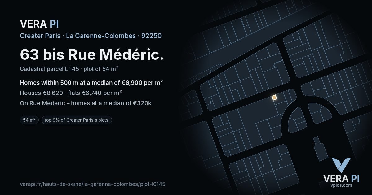 63 bis Rue Médéric, La Garenne-Colombes at night – the plot lit, the parcels around coloured by the prices near them