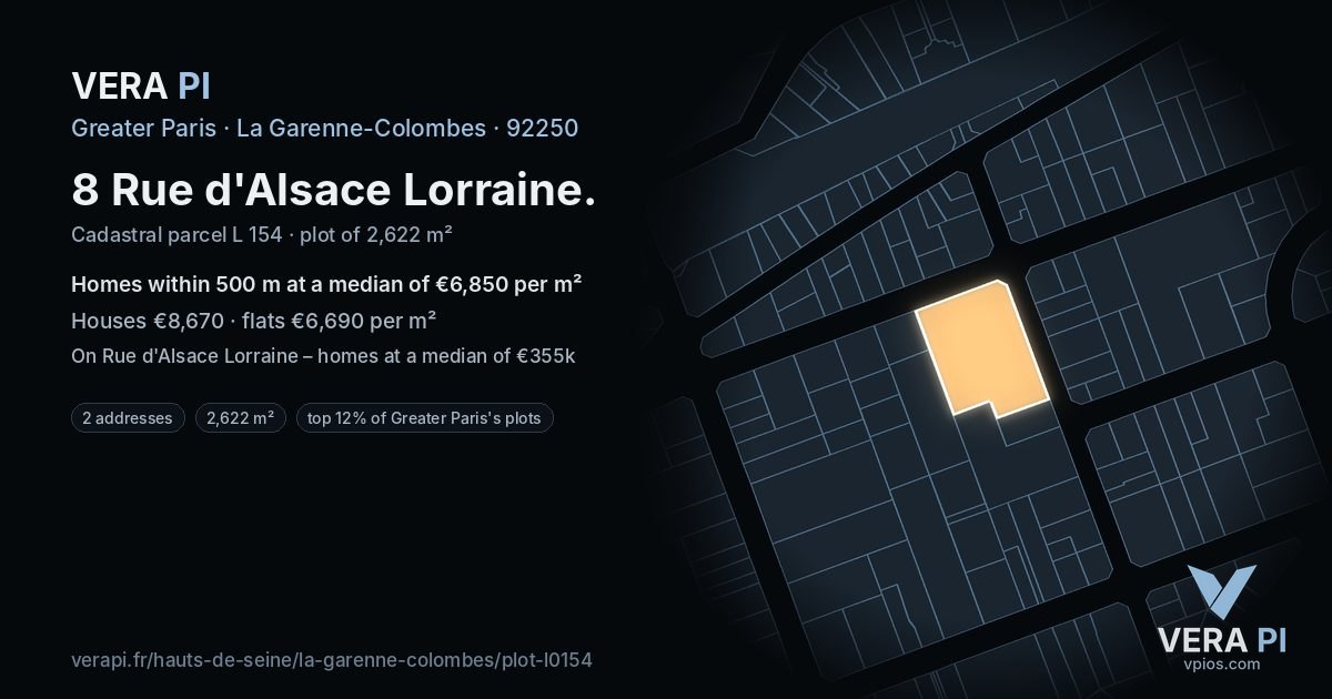 8 Rue d'Alsace Lorraine, La Garenne-Colombes at night – the plot lit, the parcels around coloured by the prices near them