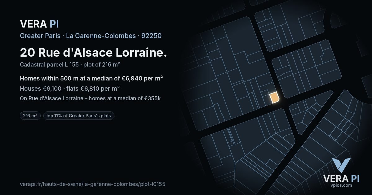 20 Rue d'Alsace Lorraine, La Garenne-Colombes at night – the plot lit, the parcels around coloured by the prices near them