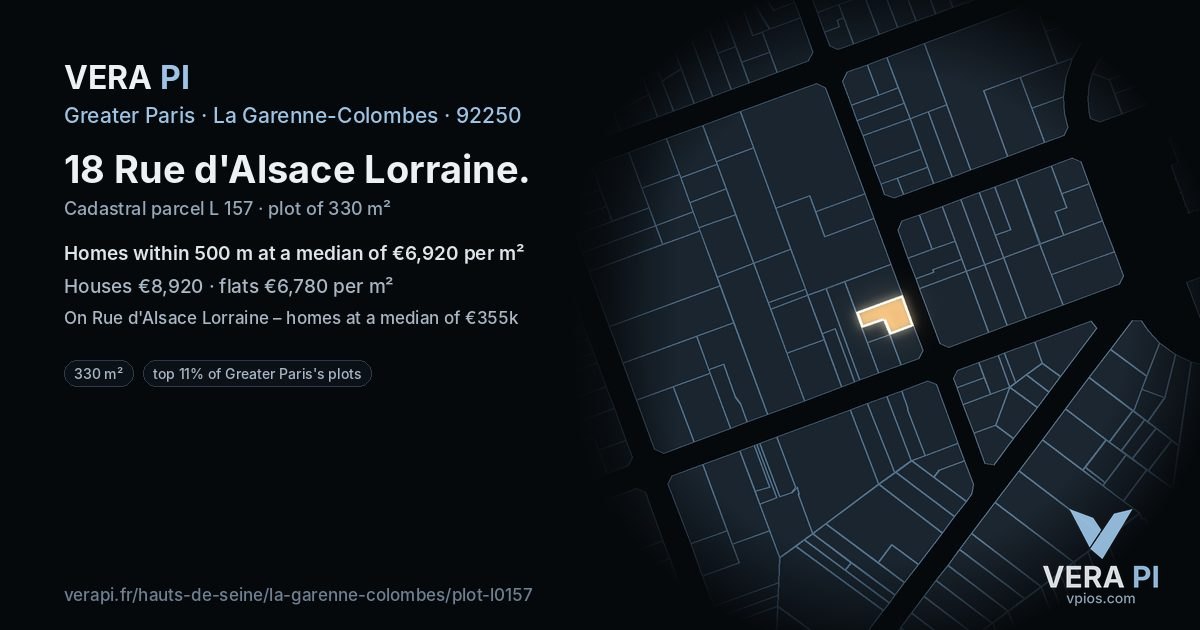 18 Rue d'Alsace Lorraine, La Garenne-Colombes at night – the plot lit, the parcels around coloured by the prices near them