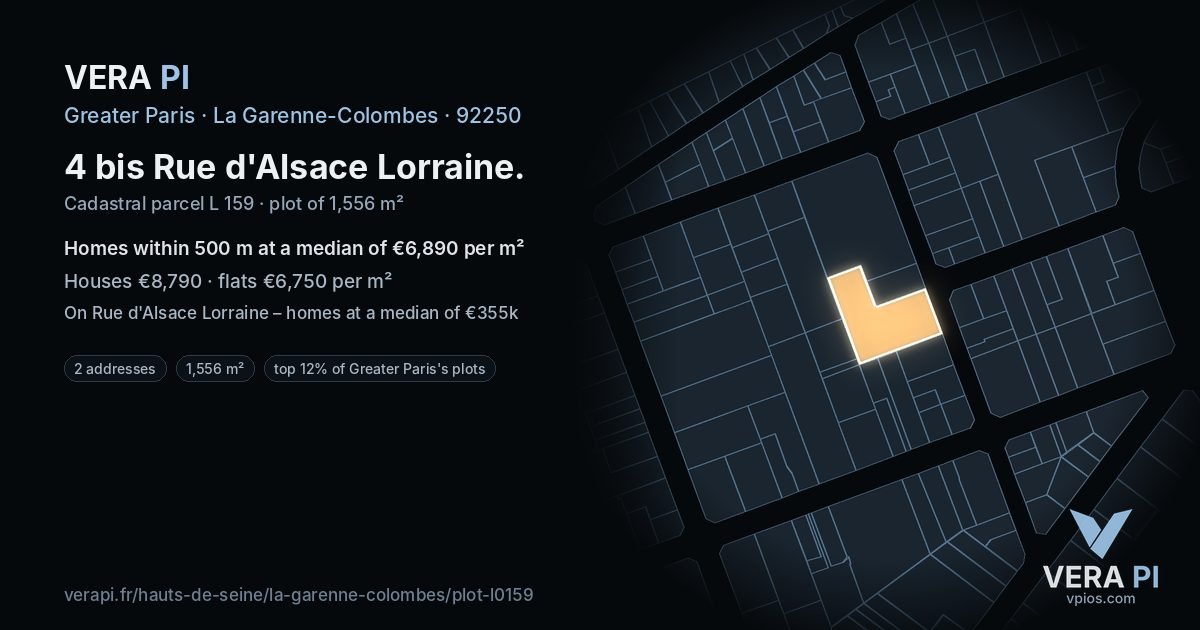 4 bis Rue d'Alsace Lorraine, La Garenne-Colombes at night – the plot lit, the parcels around coloured by the prices near them