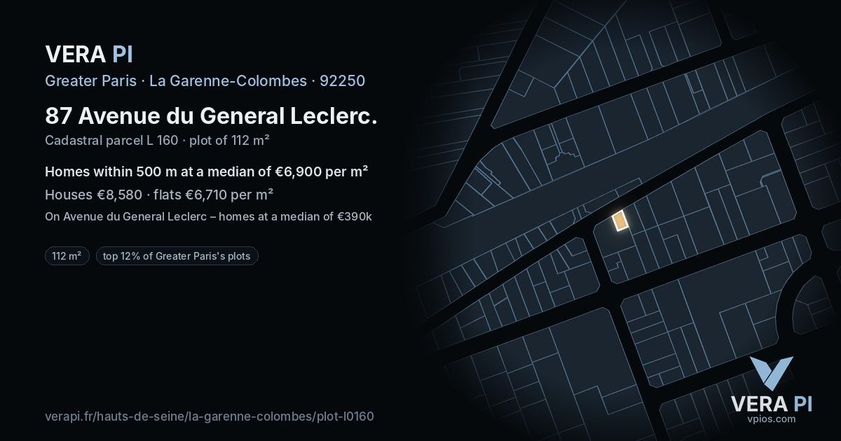 87 Avenue du General Leclerc, La Garenne-Colombes at night – the plot lit, the parcels around coloured by the prices near them