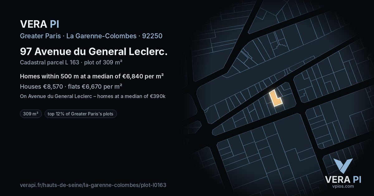 97 Avenue du General Leclerc, La Garenne-Colombes at night – the plot lit, the parcels around coloured by the prices near them