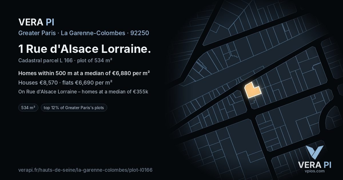 1 Rue d'Alsace Lorraine, La Garenne-Colombes at night – the plot lit, the parcels around coloured by the prices near them