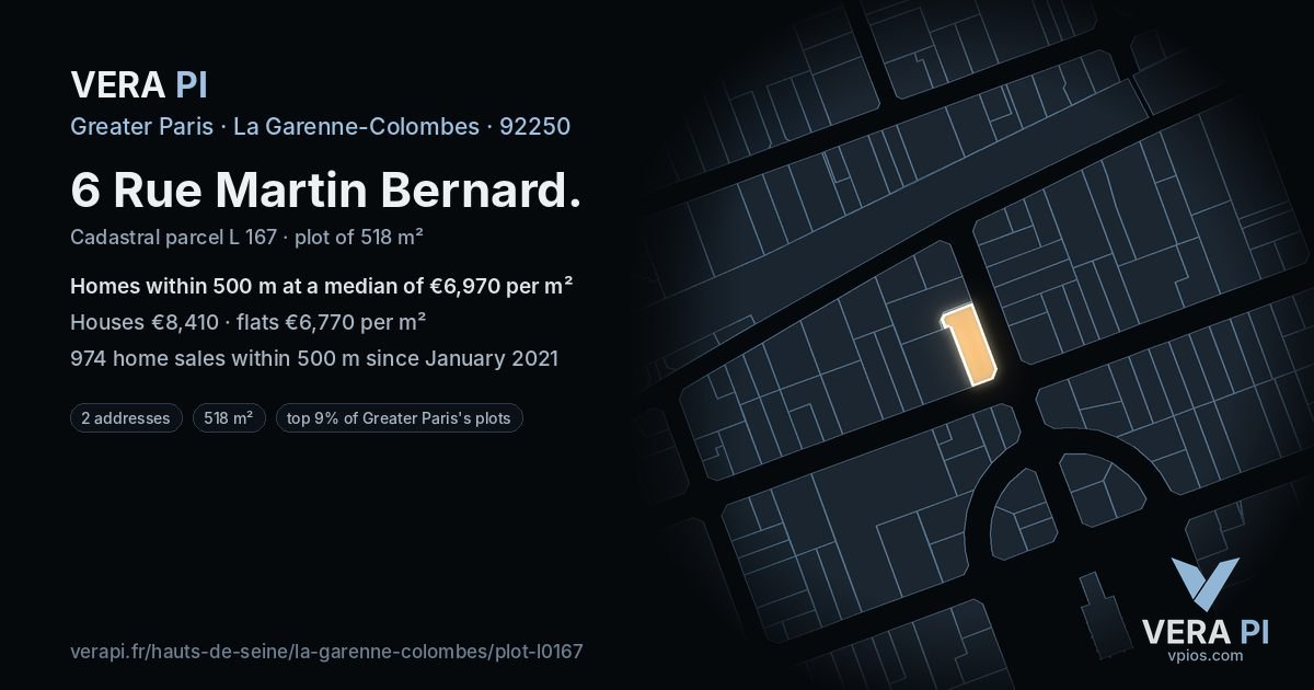 6 Rue Martin Bernard, La Garenne-Colombes at night – the plot lit, the parcels around coloured by the prices near them
