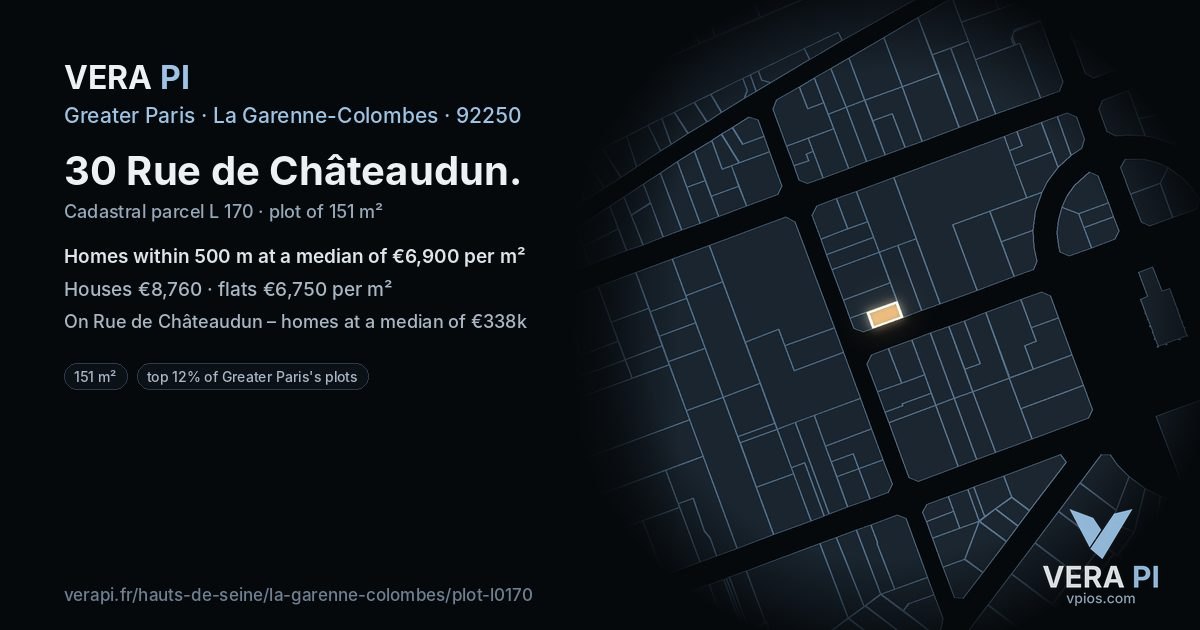 30 Rue de Châteaudun, La Garenne-Colombes at night – the plot lit, the parcels around coloured by the prices near them