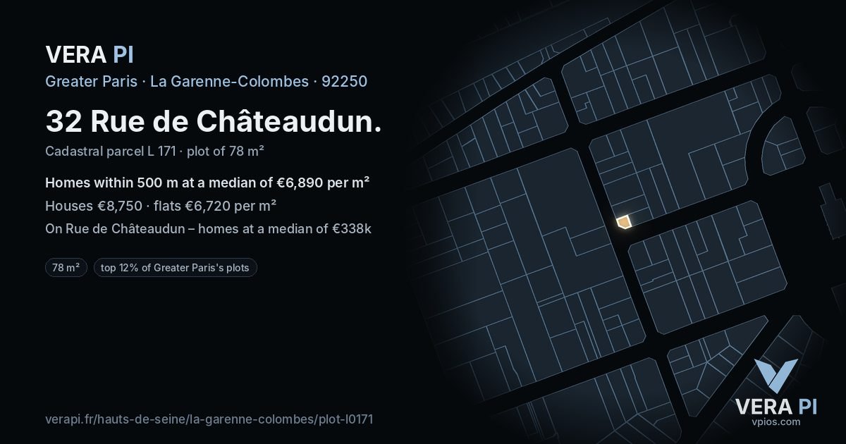 32 Rue de Châteaudun, La Garenne-Colombes at night – the plot lit, the parcels around coloured by the prices near them