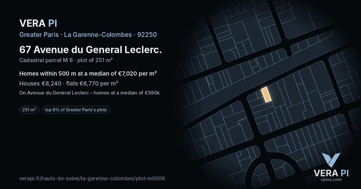 67 Avenue du General Leclerc, La Garenne-Colombes at night – the plot lit, the parcels around coloured by the prices near them