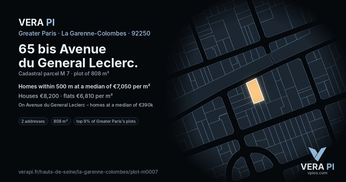 65 bis Avenue du General Leclerc, La Garenne-Colombes at night – the plot lit, the parcels around coloured by the prices near them