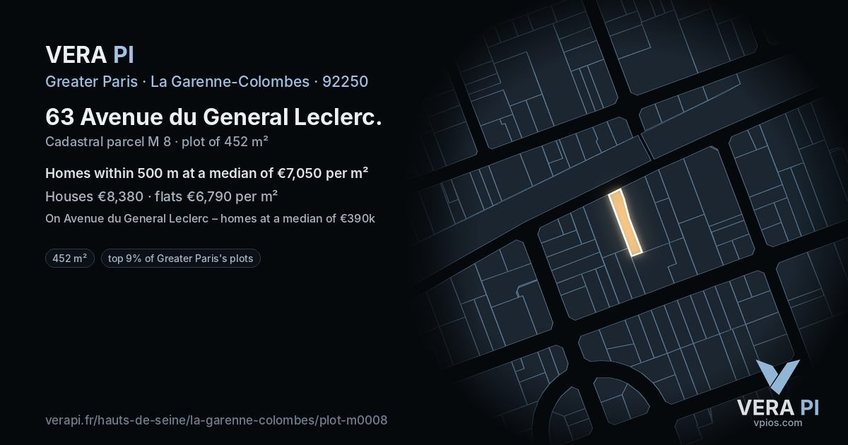 63 Avenue du General Leclerc, La Garenne-Colombes at night – the plot lit, the parcels around coloured by the prices near them
